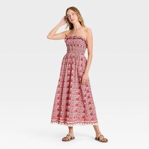 Strapless Red Floral Smocked Maxi Dress